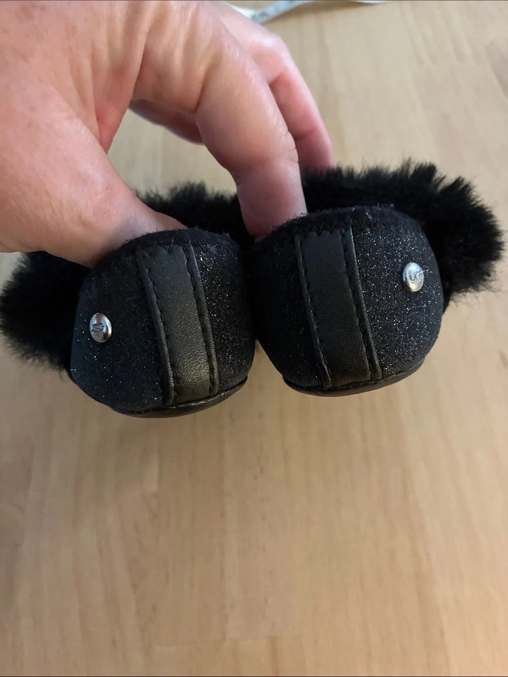 UGG Black Glitter Baby Mary Jane Shoes with Faux Fur Trim